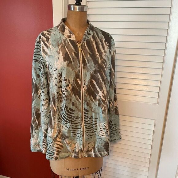 WEEKENDS BY CHICO’S | blue brown abstract pattern athletic jacket size 3 or L - Picture 1 of 5